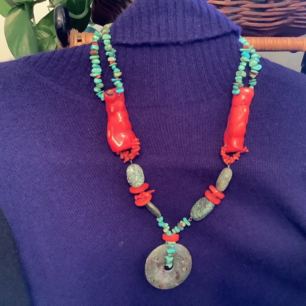 Chunky coral and Turquoise Pendant Necklace